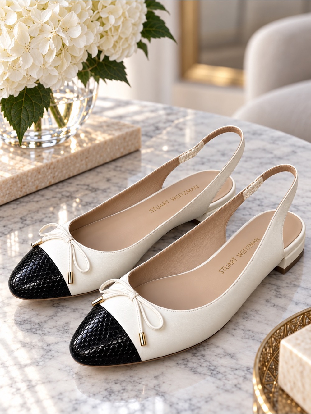 Stuart Weitzman Sleek Bow Nappa Leather Slingback Flats Cream Black Size 9B